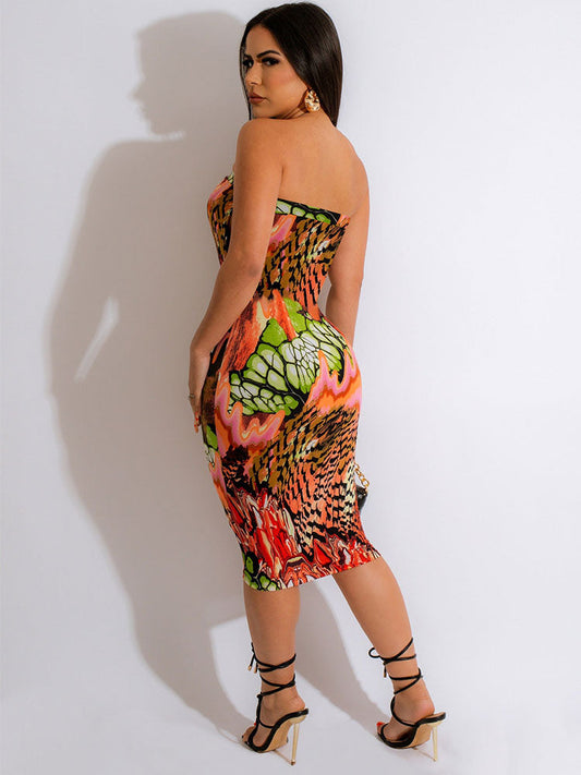 flowersverse Tube Strapless Floral Print Midi Dresses