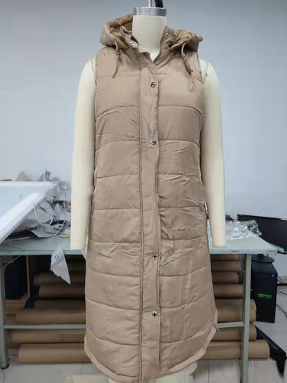 flowersverse Buttoned Drawstring Keep Warm Solid Color Split-Joint Zipper Hooded Sleeveless Vest Outerwear Padded Coat