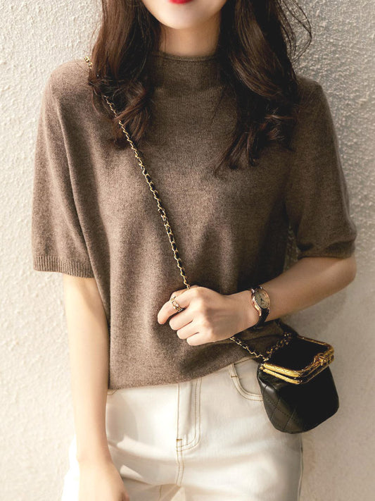 flowersverse Simple Solid Color Round-Neck Short Sleeves Sweater