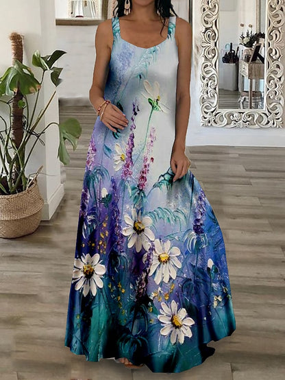 flowersverse Women's Long Dress Maxi Dress Swing Dress Summer Dress Slip Dress Floral Oil Painting Fashion Romantic Vacation Weekend Spring Dress Print Sleeveless Strap Dress Regular Fit Yellow Blue Dark Green