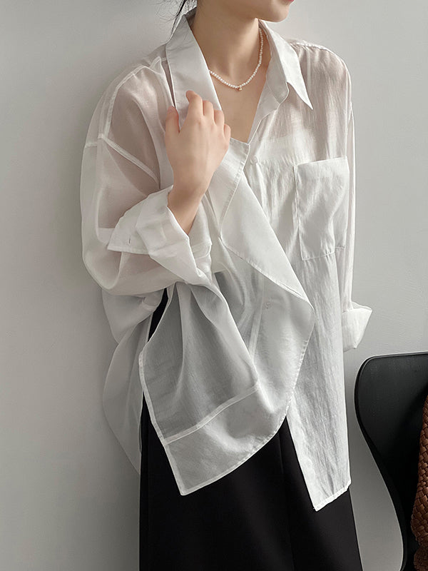 flowersverse Solid Color Irregular clipping Long Sleeves Lapel Blouses&shirts Tops