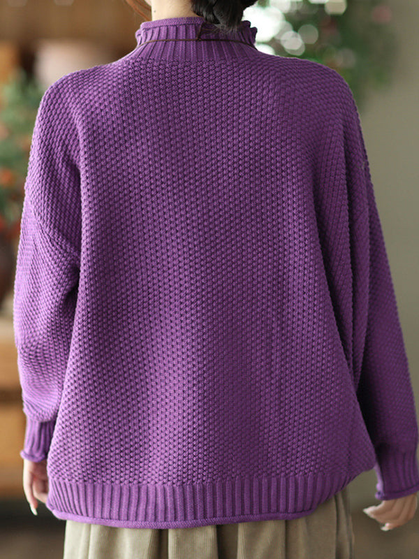 flowersverse Vintage Long Sleeves Loose Solid Color High-Neck Sweater Tops