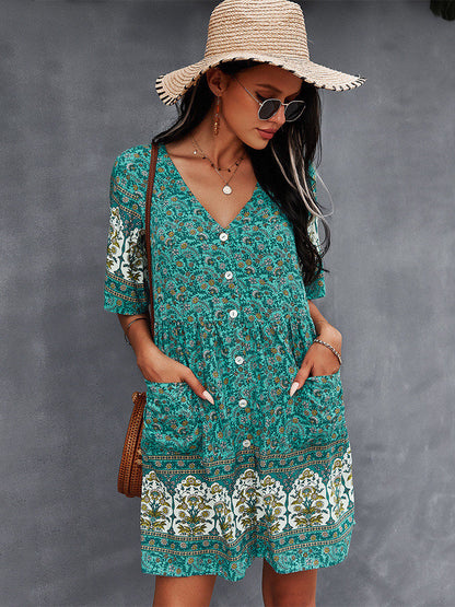 flowersverse Floral Print Summer Short Dress Women Casual V Neck Bohemian Short Sleeve Dress For Woman Fashion Sexy Spring Dress