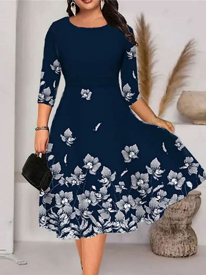 flowersverse Women's Plus Size Work Dress A Line Dress Leaf Floral Midi Dress Half Sleeve Print Crew Neck Elegant Office Black White Spring Summer XL XXL 3XL 4XL 5XL