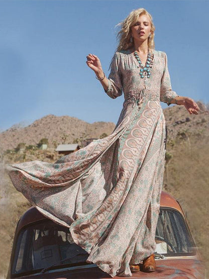 flowersverse Fringed Chiffon Printed Long Dress