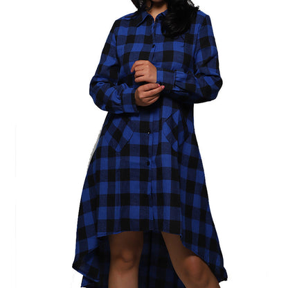 flowersverse Casual Pocket Long Midi Dress Sleeve Plaid Shirt Irregular Coat