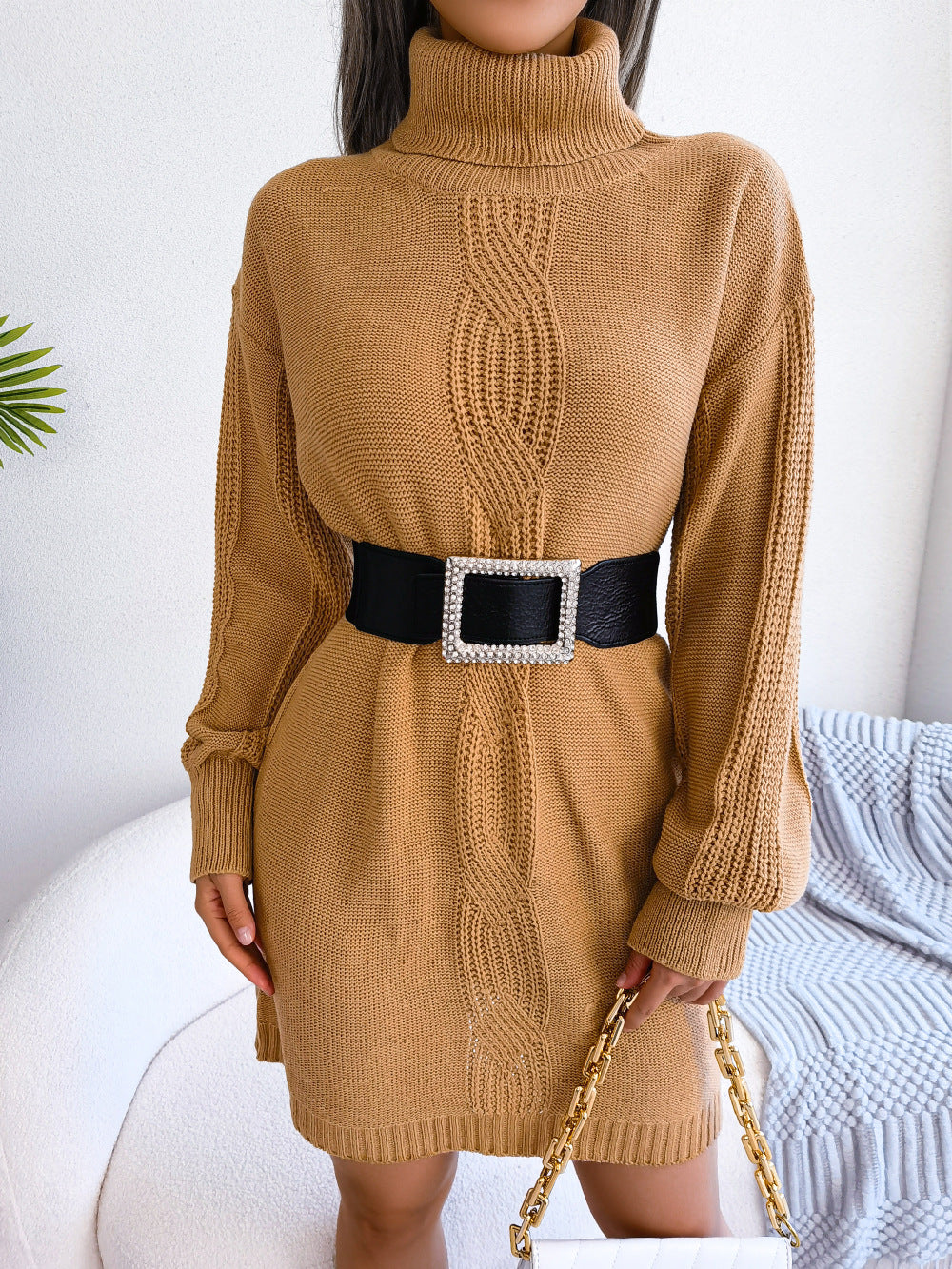 flowersverse Casual Turtleneck Twist Lantern Basic Model Sleeve Dress Women's Sweater