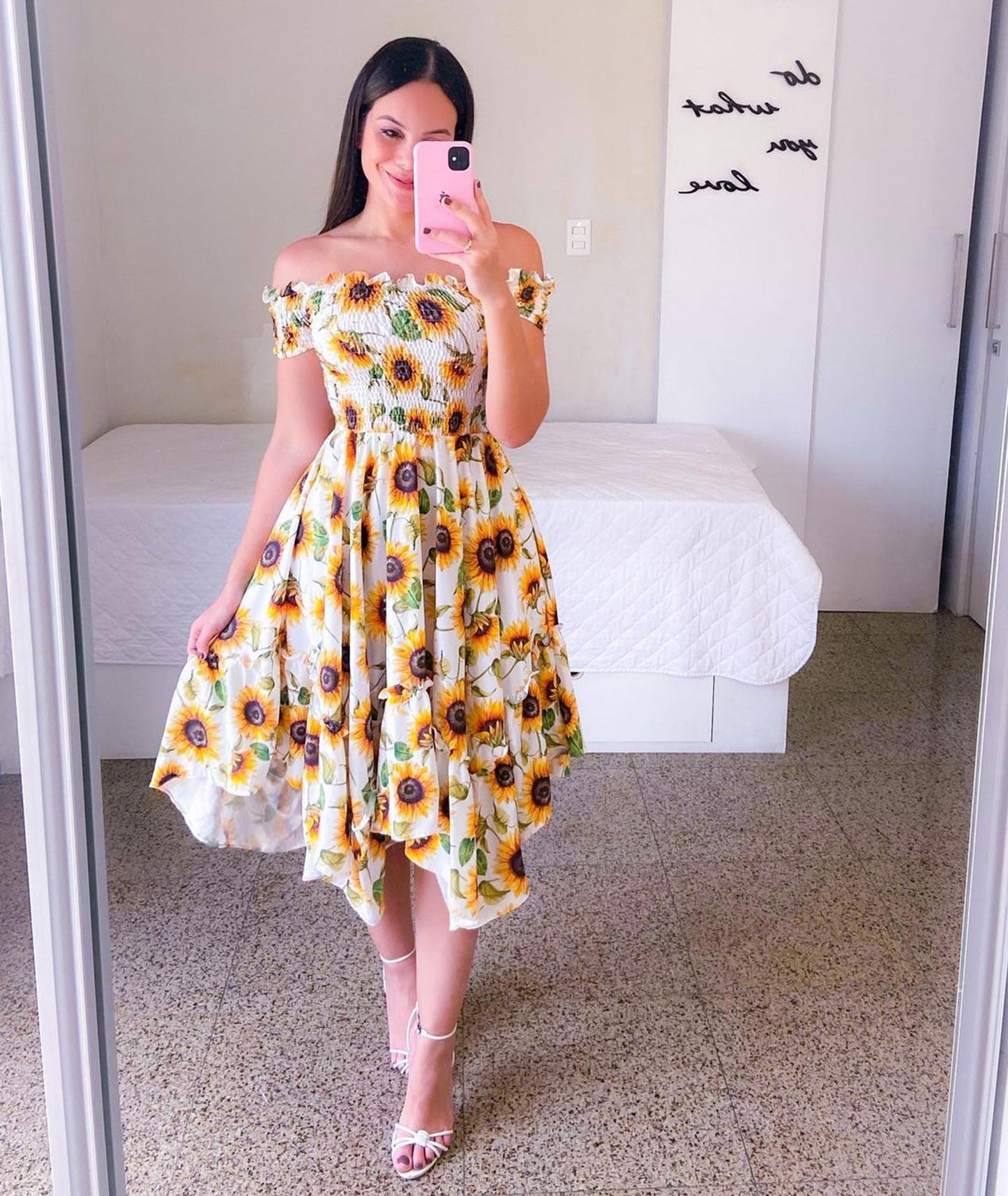 flowersverse Off Shoulder Floral Ruffle Short Sleeve Midi Dress