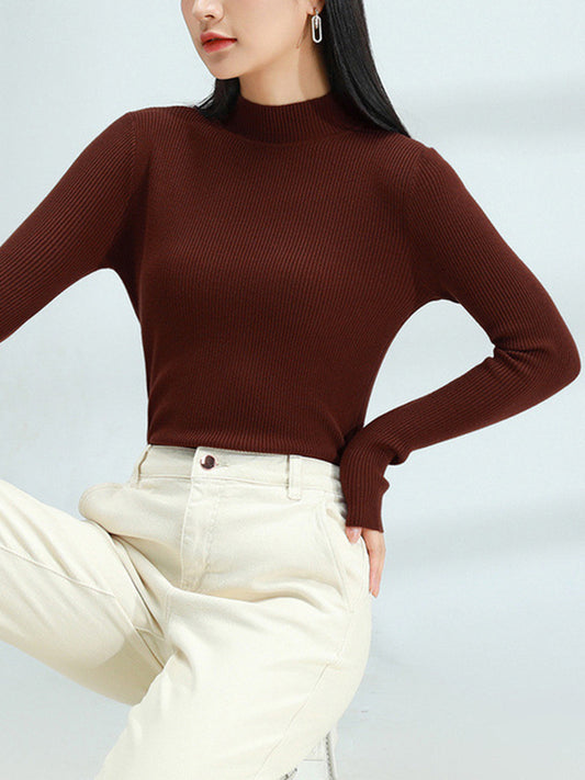 flowersverse Solid Color Long Sleeves Skinny Mock Neck Sweater Tops Pullovers Knitwear