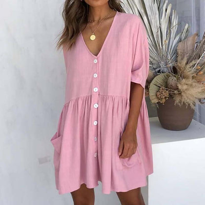 flowersverse Women's Casual Dress Linen Dress Tiered Dress Mini Dress Black White Pink Short Sleeve Pure Color Ruched Winter Fall Spring V Neck Basic Daily Vacation Loose Fit  S M L XL XXL 3XL