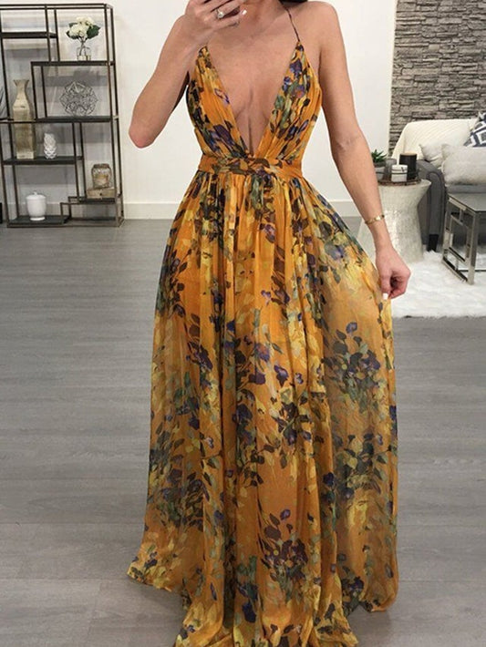 flowersverse Deep V-Neck Back Chiffon Dress