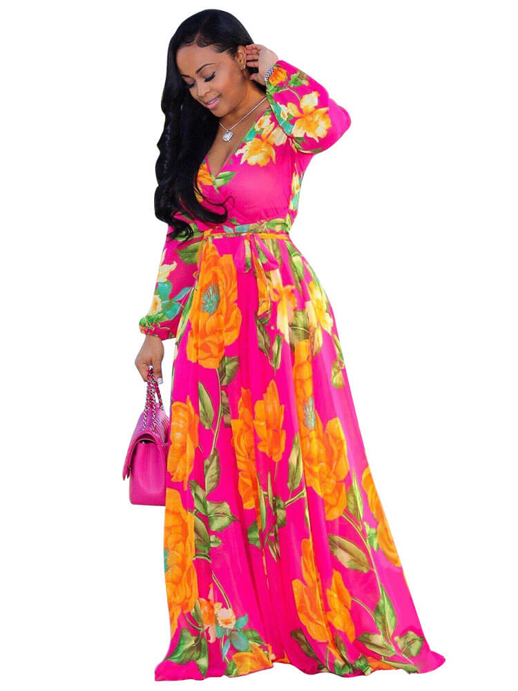 flowersverse Chiffon Floral Printed V Neck Wrap Boho Maxi Dresses