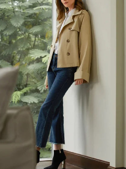 flowersverse Buttoned Pockets Solid Color Loose Notched Collar Trench Coats