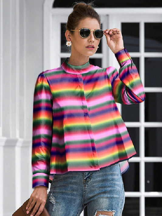flowersverse Long Sleeves Buttoned Multi-Colored Printed Mock Neck Blouses&Shirts Tops