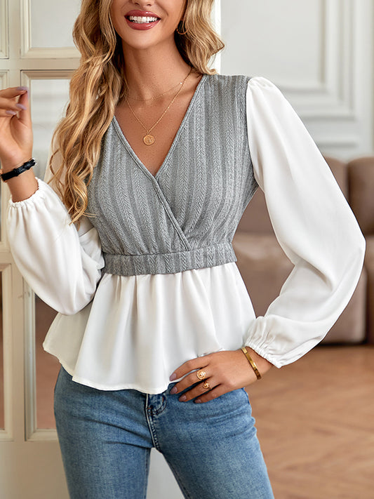 flowersverse Asymmetric Elasticity Split-Joint Long Sleeves Loose V-Neck Blouses&Shirts Tops
