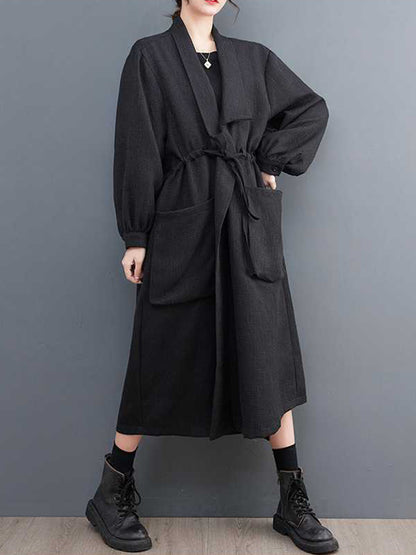 flowersverse Drawstring Pockets Long Sleeves Loose Lapel Trench Coats