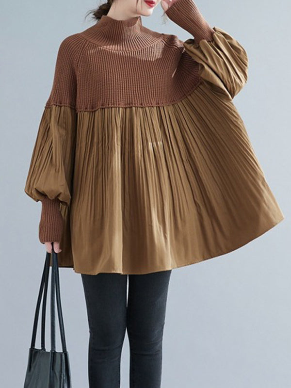 flowersverse Pleated Split-Joint Long Sleeves Loose High Neck Sweater Tops