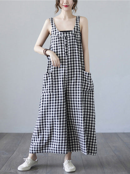 flowersverse Original Simple Casual Artistic Retro Plaid Wide Legs Jumpsuits