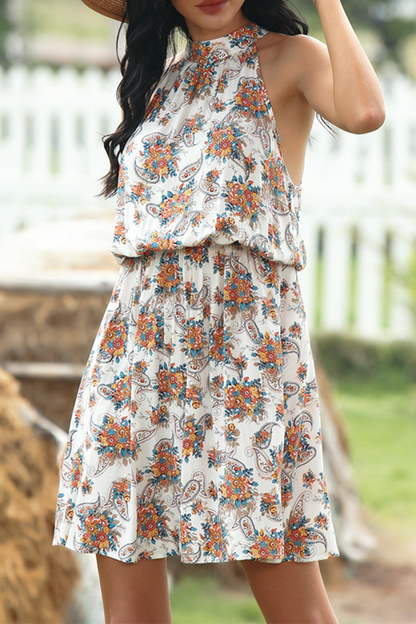 flowersverse Elegant Floral O Neck Waist Skirt Dresses