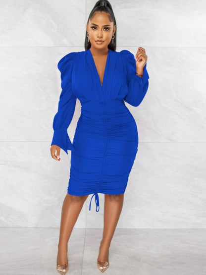 flowersverse Long Sleeve V Neck Ruched Bodycon Midi Dresses