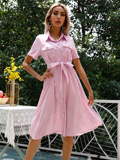 flowersverse Summer Print Bandage Dress For Women Short Sleeve Turn Down Collar Ladies Casual Button Knee Length Floral Dress