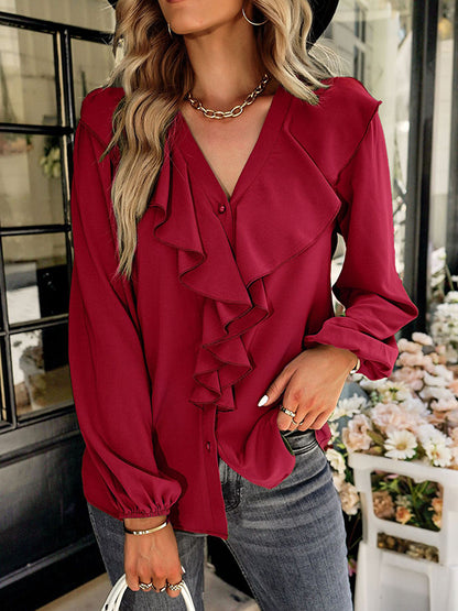 flowersverse Simple Long Sleeves Loose Falbala Solid Color V-Neck Blouses&Shirts Tops