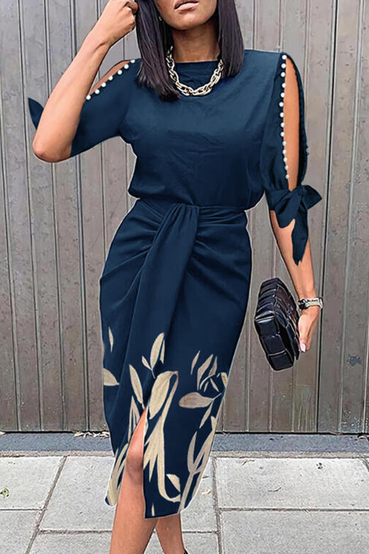 flowersverse Casual Print O Neck Waist Skirt Dresses(5 Colors)