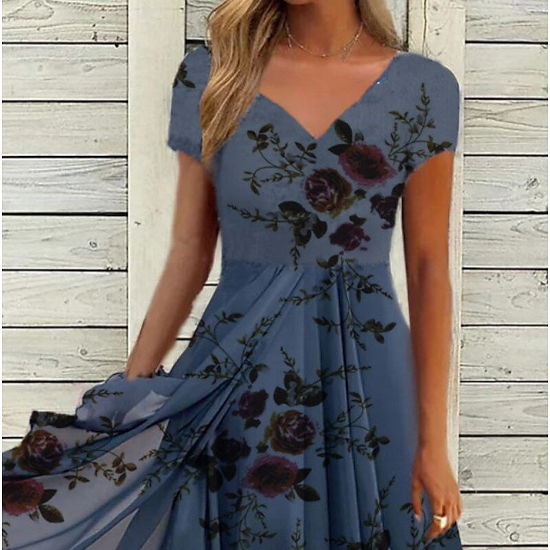 flowersverse Women's Casual Dress Chiffon Dress Midi Dress Navy Blue Purple Short Sleeve Floral Print Spring Summer V Neck Stylish  S M L XL XXL 3XL