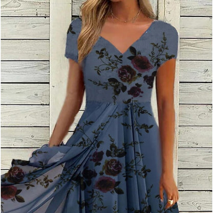 flowersverse Women's Casual Dress Chiffon Dress Midi Dress Navy Blue Purple Short Sleeve Floral Print Spring Summer V Neck Stylish  S M L XL XXL 3XL