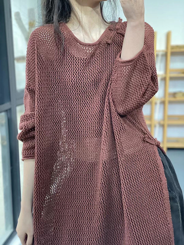 flowersverse Asymmetric Hollow Split-side Long Sleeves Loose Round-neck Sweater Tops