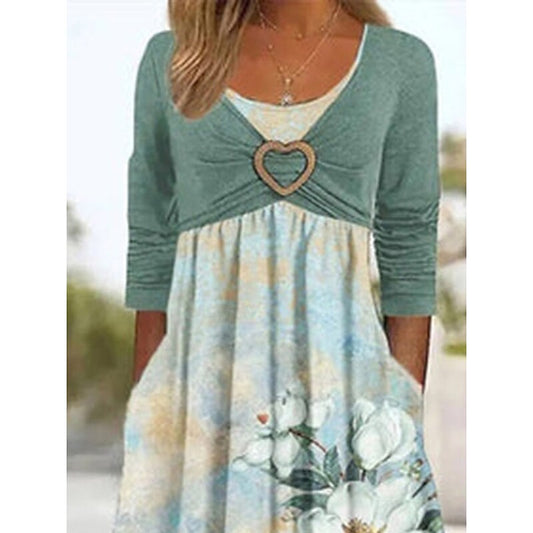 flowersverse Women's Casual Dress Summer Dress Print Dress Floral Ruched Fake two piece Crew Neck Midi Dress Fashion Modern Outdoor Daily Half Sleeve Regular Fit Green Spring Summer S M L XL XXL