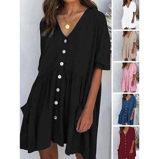 flowersverse Women's Casual Dress Linen Dress Tiered Dress Mini Dress Black White Pink Short Sleeve Pure Color Ruched Winter Fall Spring V Neck Basic Daily Vacation Loose Fit  S M L XL XXL 3XL