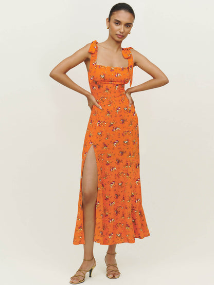 flowersverse BUDDING BEAUTY SPLIT FLORAL MAXI DRESS - ORANGE