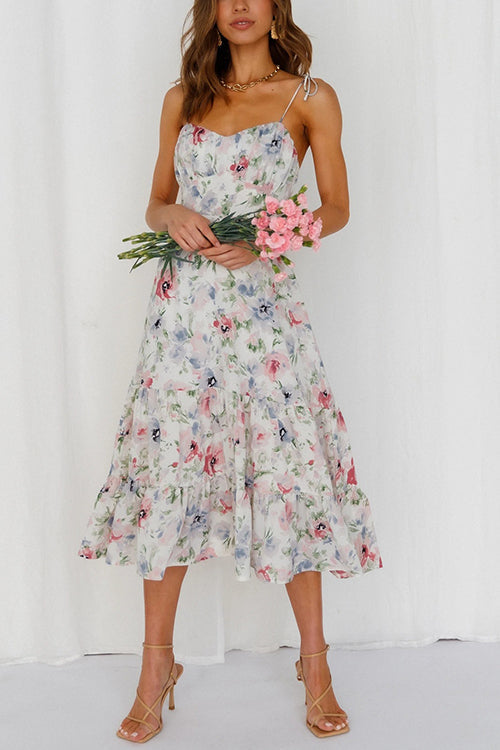 flowersverse Floral Tie Straps Ruffles Midi Dress