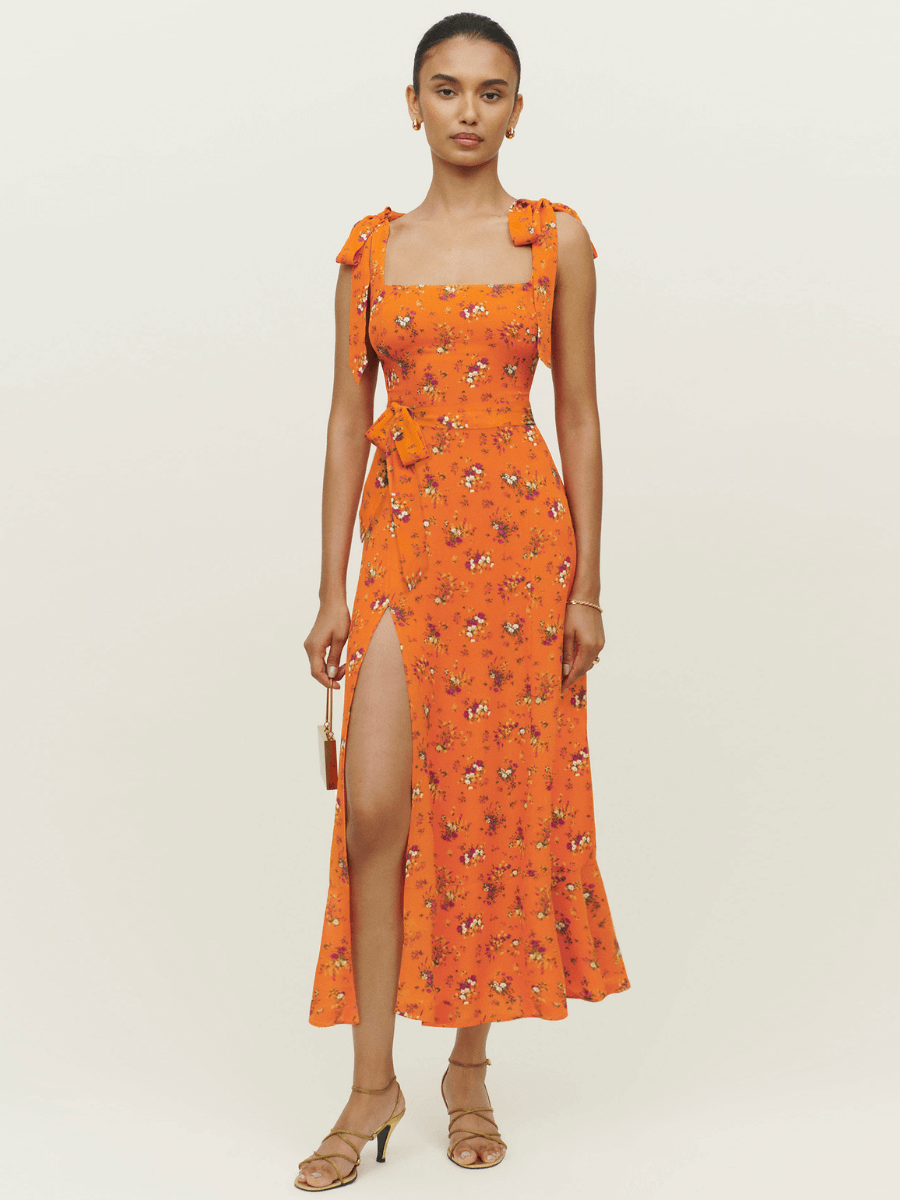 flowersverse BUDDING BEAUTY SPLIT FLORAL MAXI DRESS - ORANGE