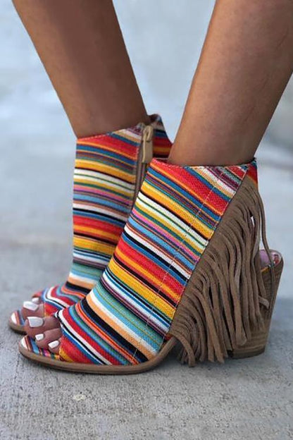 flowersverse Colorful Striped Fringe Zipper Peep Toe Heels