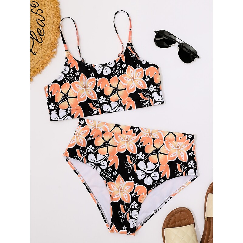 flowersverse Women's Swimwear Bikini Normal Swimsuit 2 Piece Printing Floral Red Blue Orange Bandeau Bathing Suits Sports Summer