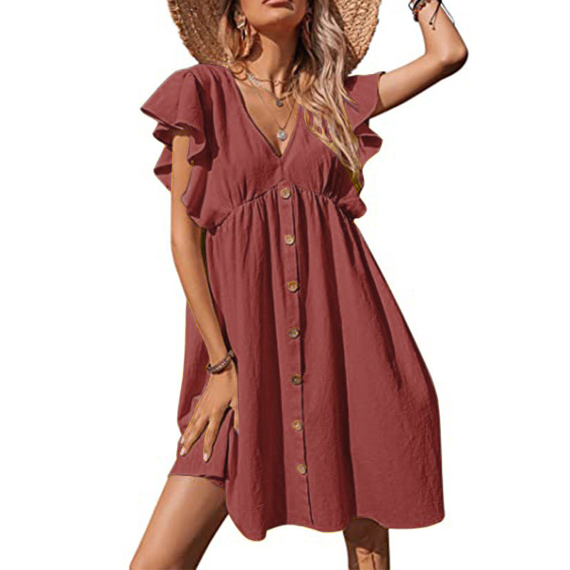 flowersverse Women's Summer Dress Casual Fold V-Neck Button Fashion Plus Size Dress Linen