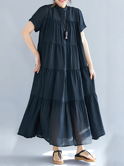 flowersverse Vintage Loose Split-Joint Pleated Short Sleeves Round-Neck Midi Dress