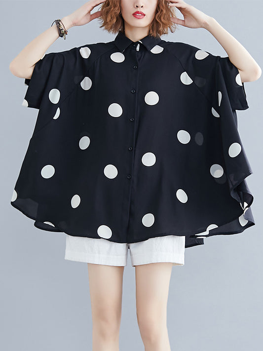 flowersverse Polka-Dot Batwing Sleeves Loose Lapel Blouses&shirts Tops