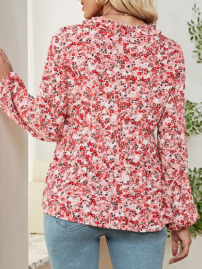 flowersverse Flower Print Ruffled Long Sleeves Loose V-neck Blouses&shirts Tops