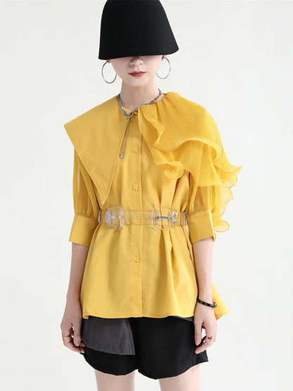 flowersverse Stylish Asymmetric Split-Joint Falbala With Belted Half Sleeves Blouses