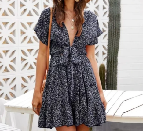 flowersverse Sexy Deep V Ruffled Floral Ladies Dress