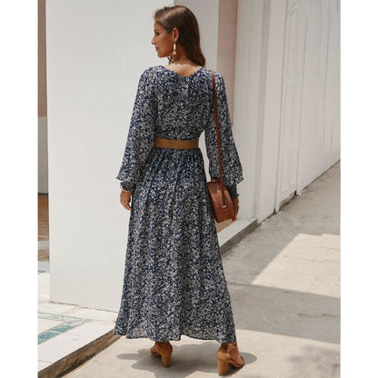 flowersverse Women Ladies Long Lantern Sleeve Autumn Dress Floral Autumn Pre-fall Holiday Buttons Maxi Dress