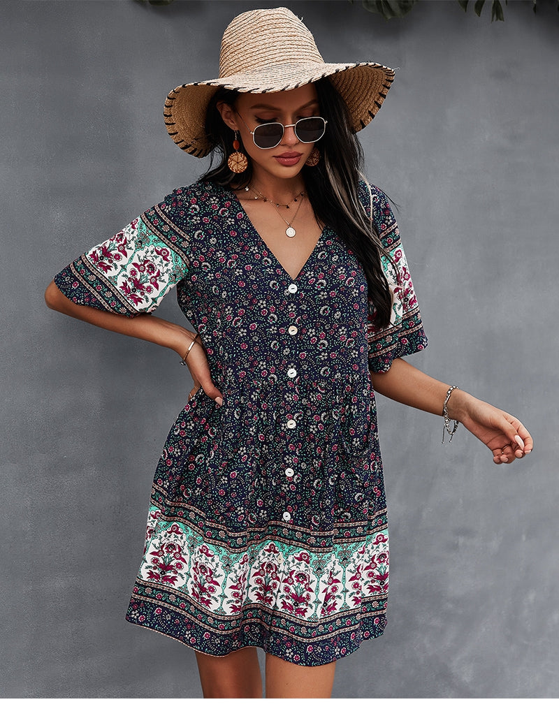 flowersverse Floral Print Summer Short Dress Women Casual V Neck Bohemian Short Sleeve Dress For Woman Fashion Sexy Spring Dress