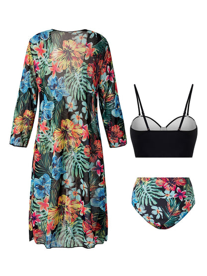 flowersverse Elegant Plants Printing Scoop Neck Bikinis set Three-Piece Set