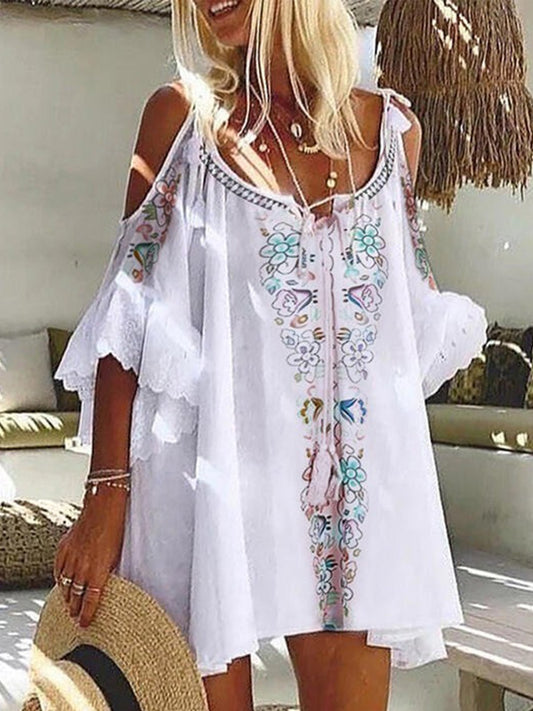 flowersverse Vintage 3/4 Sleeve Geometric Floral Printed Plus Size Casual Holiday Weaving Dress