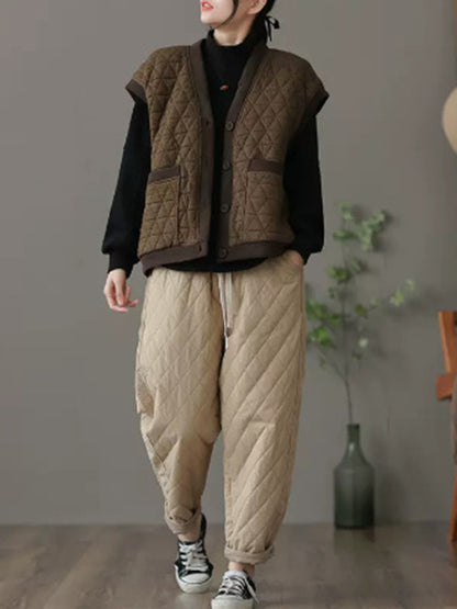 flowersverse Simple Loose Sleeveless Buttoned Quilted Solid Color V-Neck Vest Outerwear