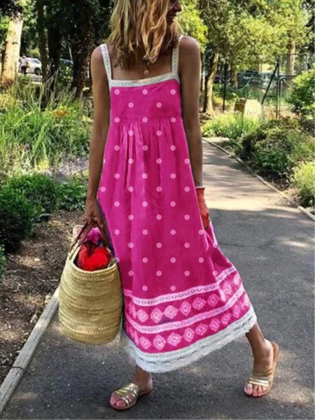 flowersverse zolucky Plus Size Women Sleeveless Polka Dots Casual Weaving Dress