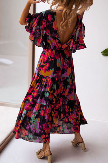 flowersverse Casual Print Flounce V Neck Cake Skirt Dresses